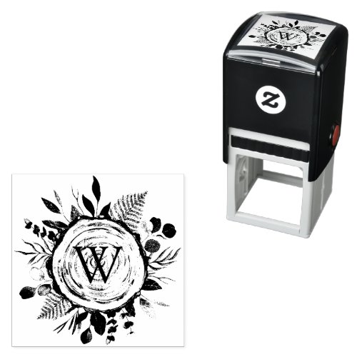 Monogram Watercolor Rustic Wood Slice and Foliage Self_inking Stamp