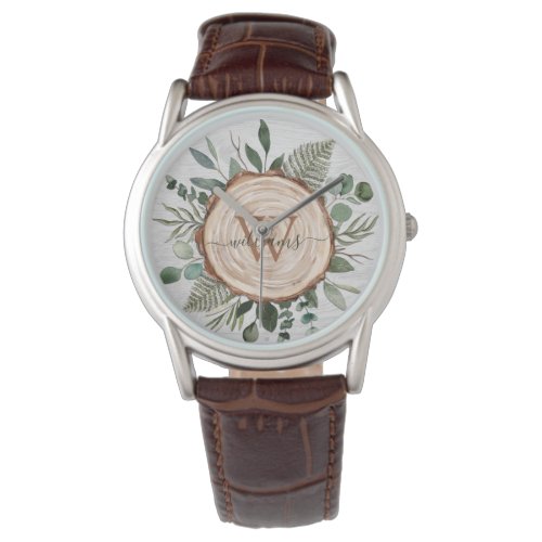 Monogram Watercolor Rustic Wood Slice and Foliage Watch