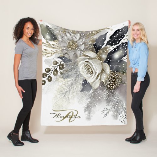 Monogram Watercolor Silver Golden White Roses Fleece Blanket