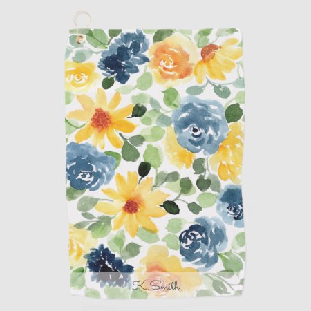 Monogram Watercolor Spring Flowers Golf Towel