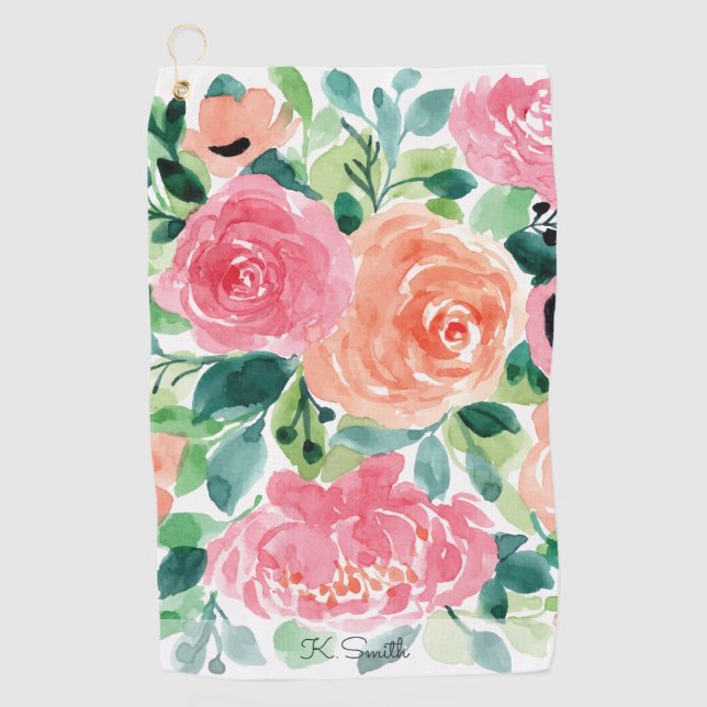 Monogram Watercolor Spring Flowers Golf Towel (Front)