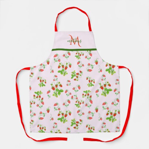 Monogram Watercolor Strawberry Pattern on Pink   Apron