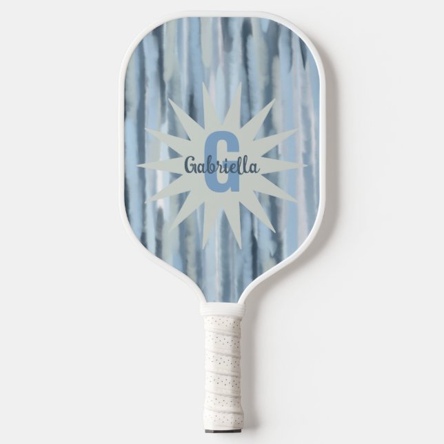 Monogram watercolor stripes blue navy gray pattern pickleball paddle (Front)