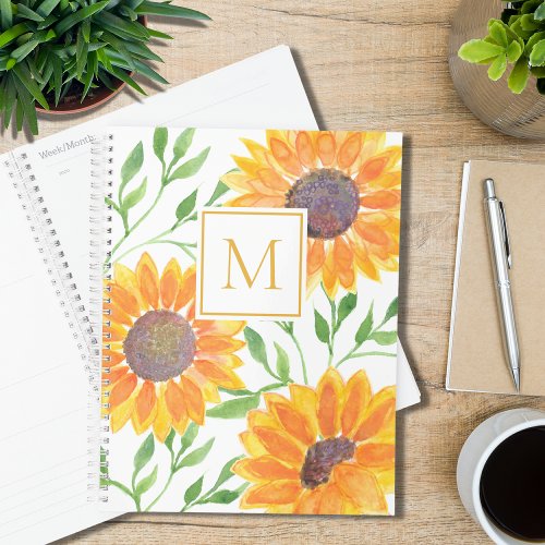 Monogram Watercolor Sunflowers Greenery  Planner