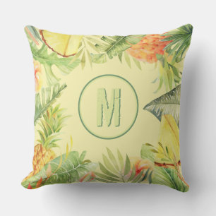 Monogram Watercolor Tropical Floral Outdoor Pillow