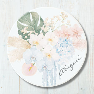 Monogram Watercolor Tropical Flower Bouquet Floral Coaster