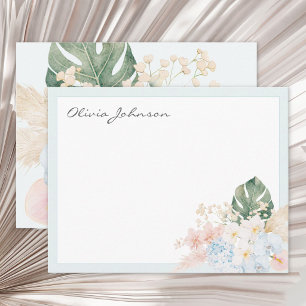 Monogram Watercolor Tropical Flower Bouquet Floral Note Card