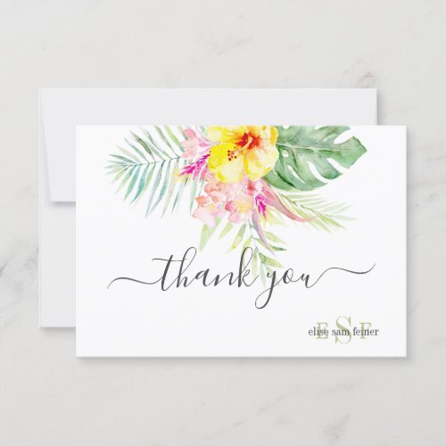 Monogram Watercolor Tropical Flowers Foliage Thank Thank You Card