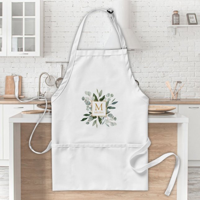 Monogram Watercolor Tropical Green Leaves Adult Apron (In situ)