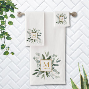 Monogram Watercolor Tropical Green Leaves Bath Towel Set