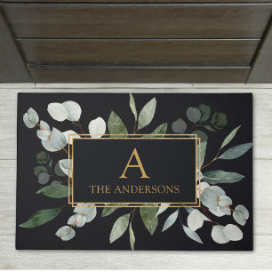 Monogram Watercolor Tropical Green Leaves Black Doormat