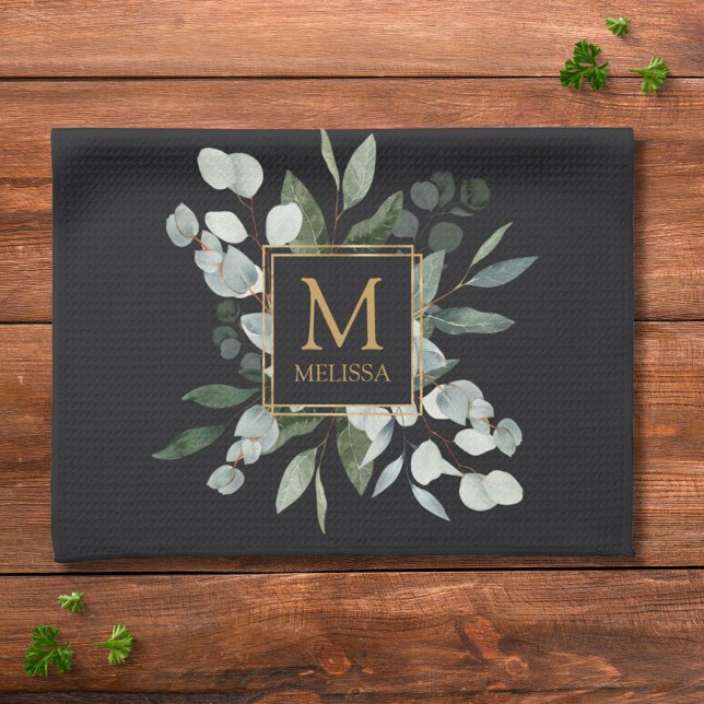 Monogram Watercolor Tropical Green Leaves Black Kitchen Towel (In situ)