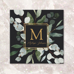 Monogram Watercolor Tropical Green Leaves Black Square Business Card