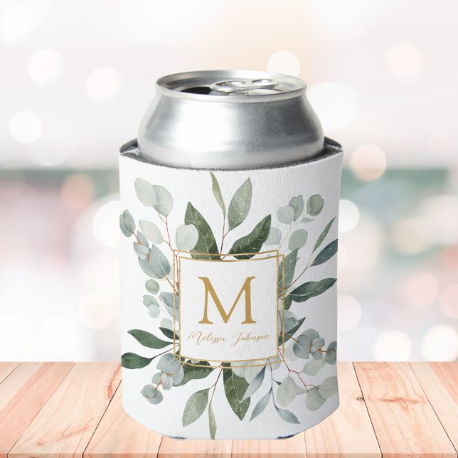 Monogram Watercolor Tropical Green Leaves Can Cooler (In situ)