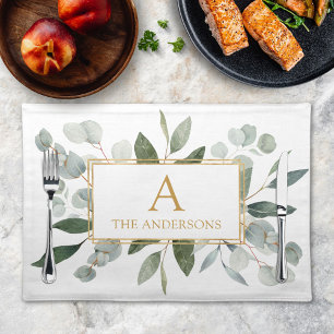 Monogram Watercolor Tropical Green Leaves Cloth Placemat