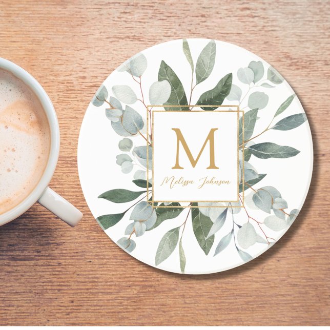 Monogram Watercolor Tropical Green Leaves Coaster (In situ)