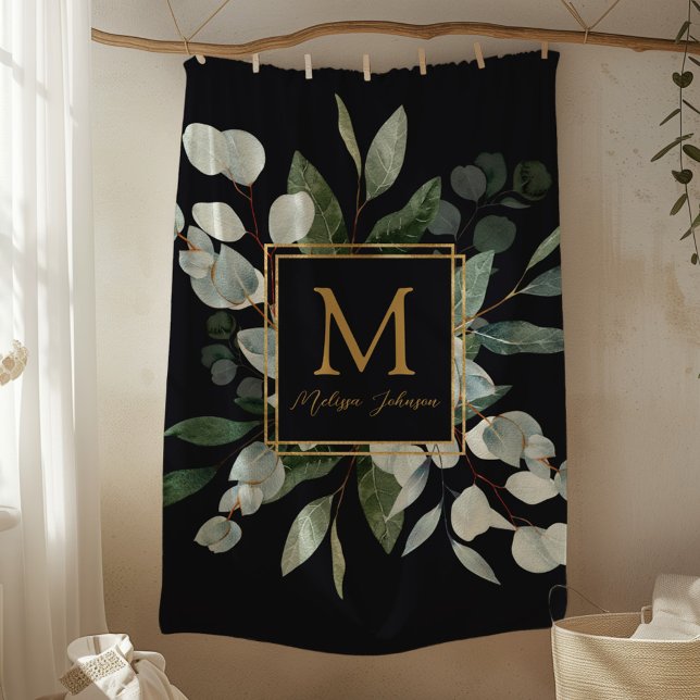 Monogram Watercolor Tropical Green Leaves Fleece Blanket (In situ)