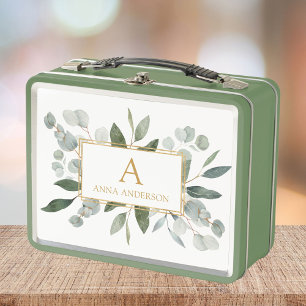 Monogram Watercolor Tropical Green Leaves Metal Lunch Box