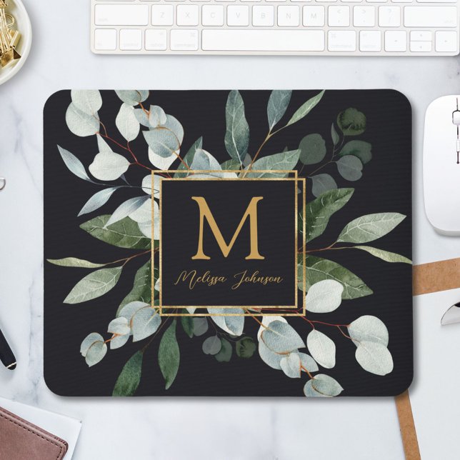 Monogram Watercolor Tropical Green Leaves Mouse Pad (In situ)