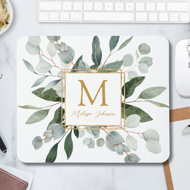 Monogram Watercolor Tropical Green Leaves Mouse Pad (In situ)