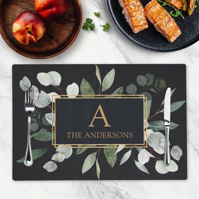Monogram Watercolor Tropical Green Leaves Placemat (In situ)