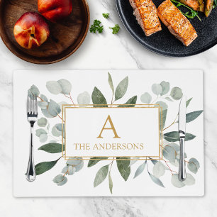 Monogram Watercolor Tropical Green Leaves Placemat