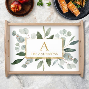 Monogram Watercolor Tropical Green Leaves Serving Tray