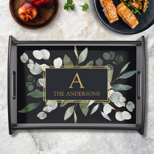 Monogram Watercolor Tropical Green Leaves Serving Tray