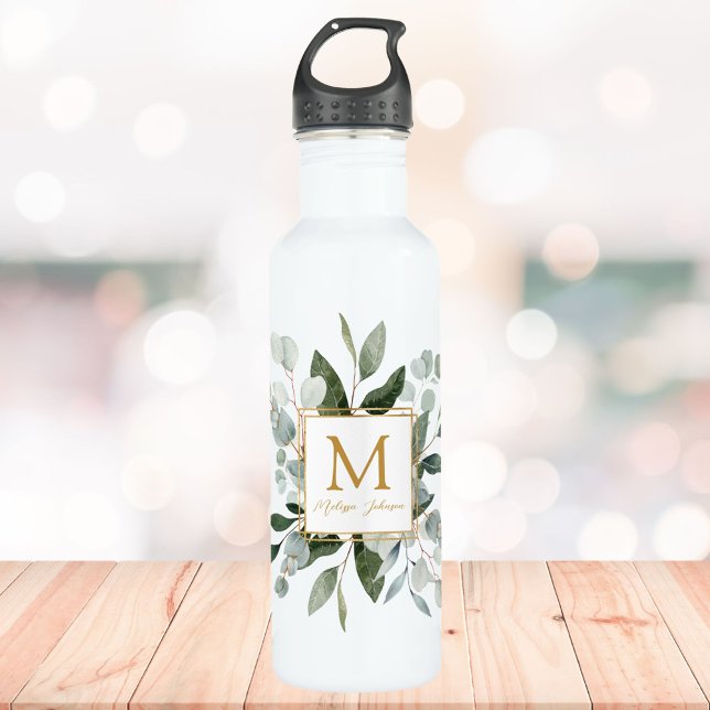 Monogram Watercolor Tropical Green Leaves Stainless Steel Water Bottle (In situ)