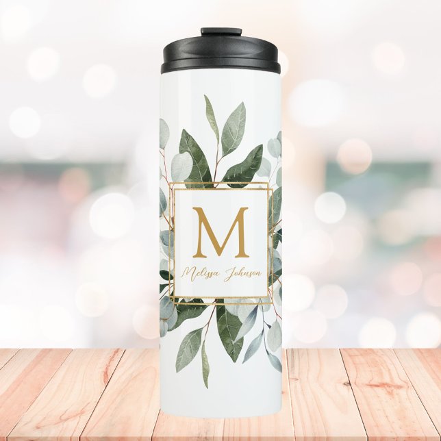Monogram Watercolor Tropical Green Leaves Thermal Tumbler (In situ)