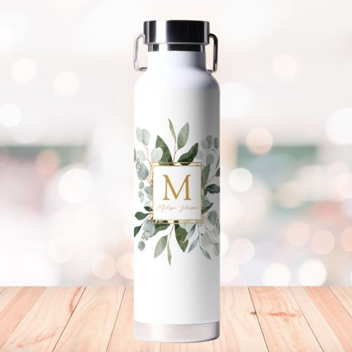 Monogram Watercolor Tropical Green Leaves Water Bottle