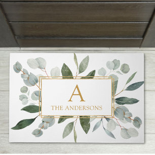 Monogram Watercolor Tropical Green Leaves White Doormat
