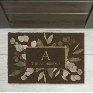 Monogram Watercolor Tropical Green Leaves White Fiber Doormat