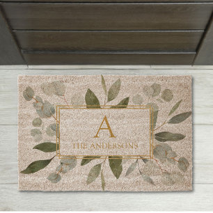 Monogram Watercolor Tropical Green Leaves White Fiber Doormat