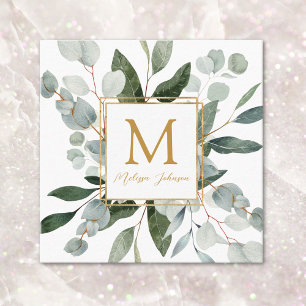Monogram Watercolor Tropical Green Leaves White Square Business Card