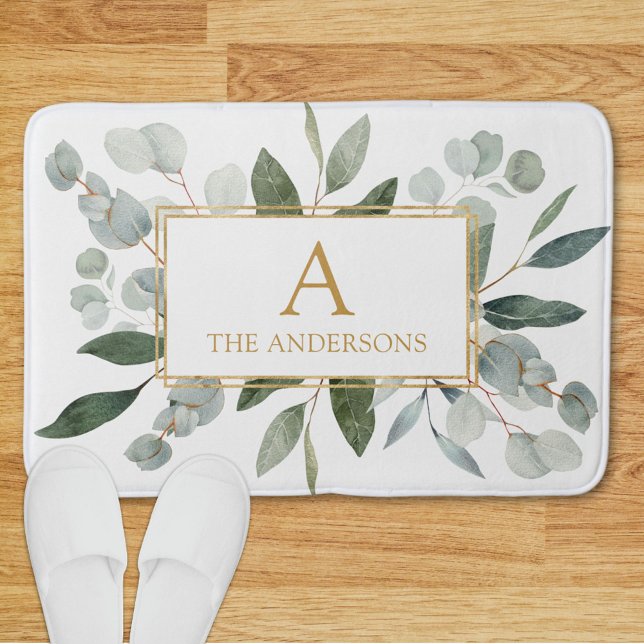 Monogram Watercolor Tropical Green White Leaves Bath Mat (In situ)