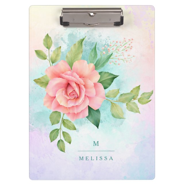 Monogram Watercolor Turquoise Ombre Pink Rose Clipboard (Front)