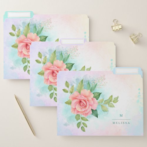 Monogram Watercolor Turquoise Ombre Pink Rose File Folder