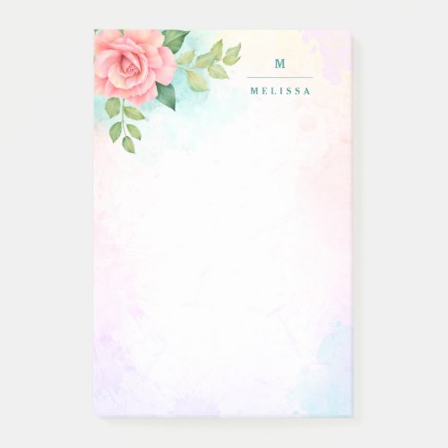 Monogram Watercolor Turquoise Ombre Pink Rose Post_it Notes