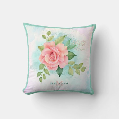 Monogram Watercolor Turquoise Ombre Pink Rose Throw Pillow