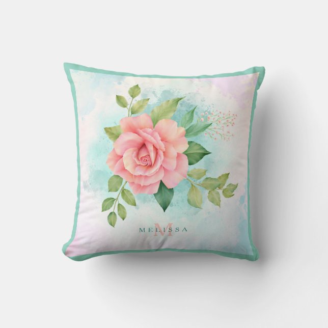 Monogram Watercolor Turquoise Ombre Pink Rose Throw Pillow (Front)
