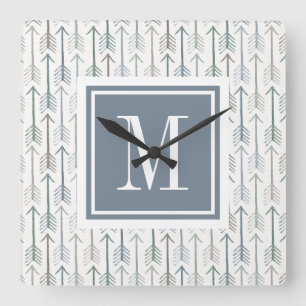 Monogram Watercolor Wanderlust Arrow Pattern Square Wall Clock