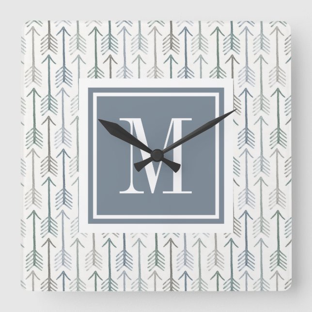 Monogram | Watercolor Wanderlust Arrow Pattern Square Wall Clock (Front)
