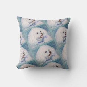 MONOGRAM WATERCOLOR WHITE BICHON FRISE THROW PILLOW