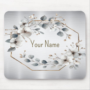 Monogram Watercolor White Flowers Golden Silver Mouse Pad