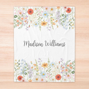 Monogram Watercolor Wild Flowers Floral Botanical Fleece Blanket
