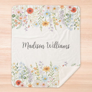 Monogram Watercolor Wild Flowers Floral Botanical Sherpa Blanket