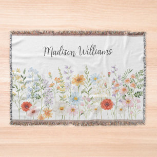 Monogram Watercolor Wild Flowers Floral Botanical Throw Blanket