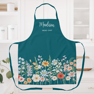 Monogram Watercolor Wild Flowers Floral Cooking Apron