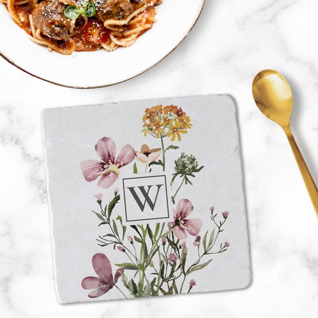 Monogram Watercolor Wildflower Bouquet #1  Trivet (In situ Dining table)